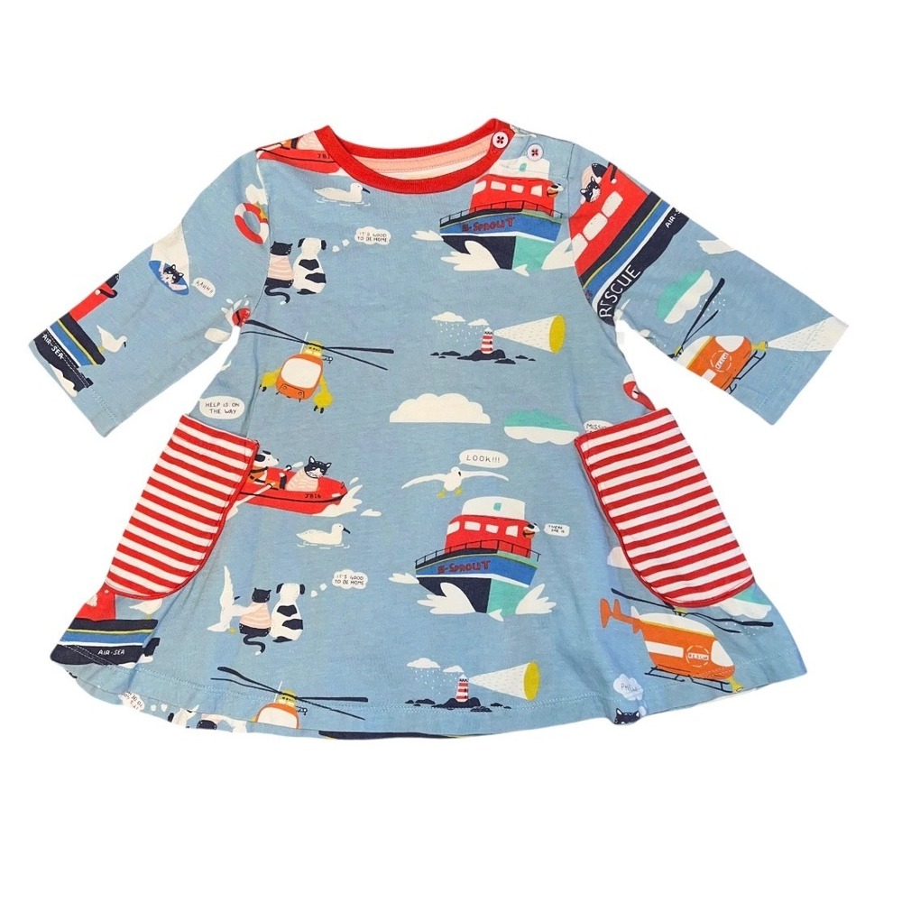 Mini Boden 2-3Y Dress Girls Sea Rescue Nautical Print Jersey Dress Blue Red